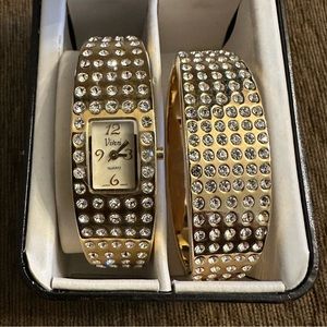 NIB Vivani Rhinestone gold tone Bangle Watch with matching Bangle Bracelet